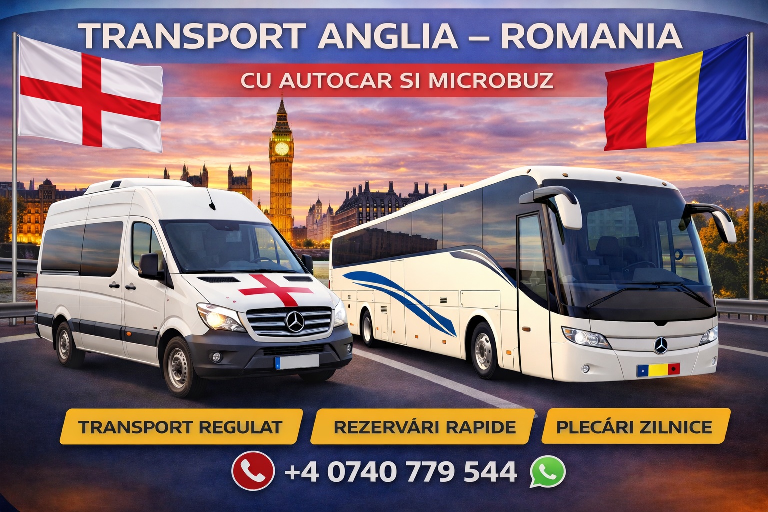 Transport persoane Anglia România pe rută internațională, cu plecări din diferite orașe și întoarcere organizată spre țară