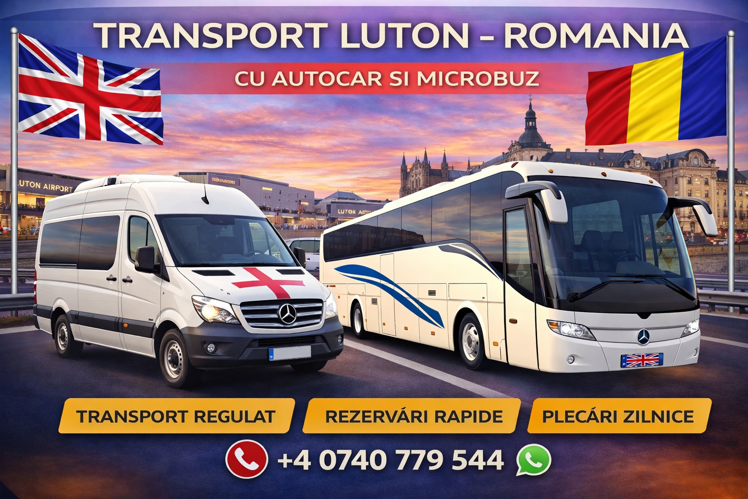 Transport persoane Luton România, cursă din Anglia spre țară pentru pasageri și bagaje