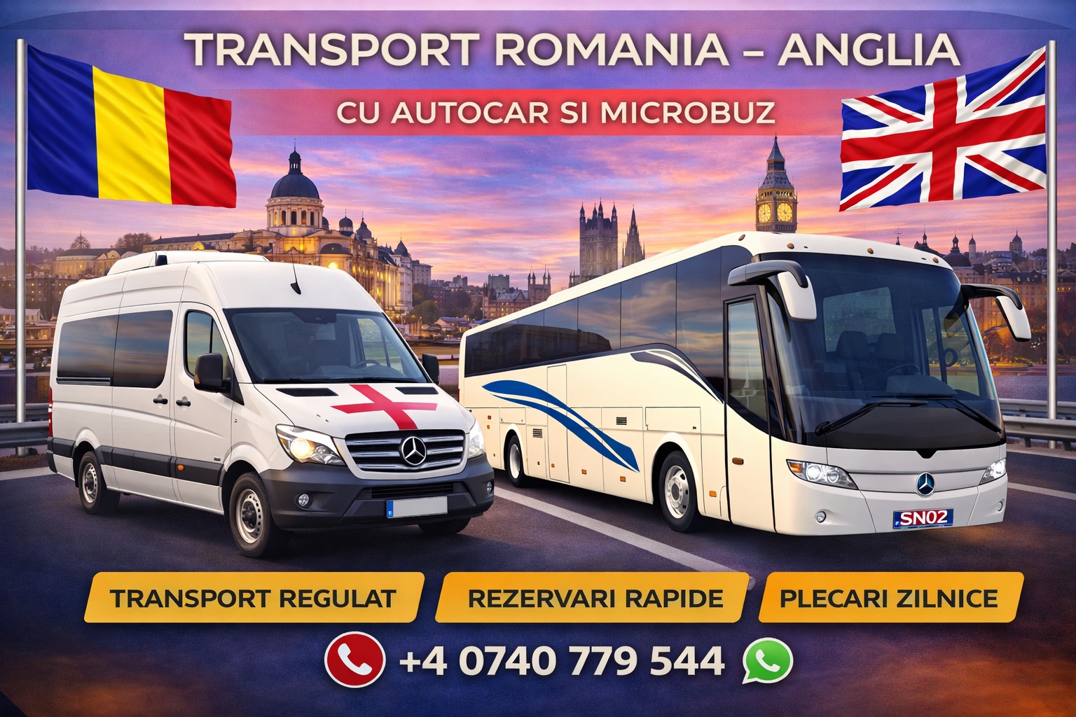 Transport persoane România Anglia cu autocar și microbuz pe rută internațională