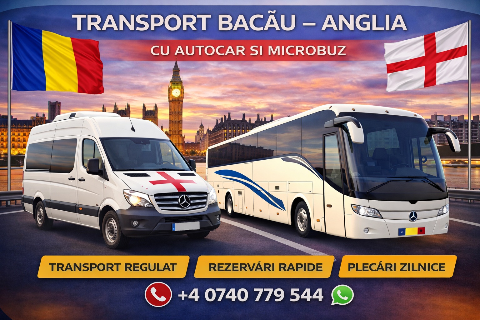Transport persoane din Anglia către Bacău cu cursă rutieră organizată pentru pasageri